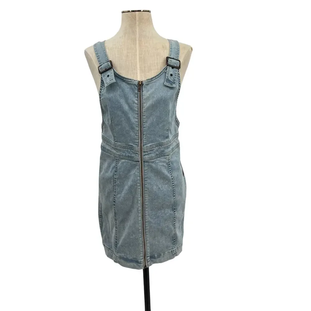 Free People Modern Femme Denim Jumper Dress Zip Front Overall Mini Size 10‎ NWT